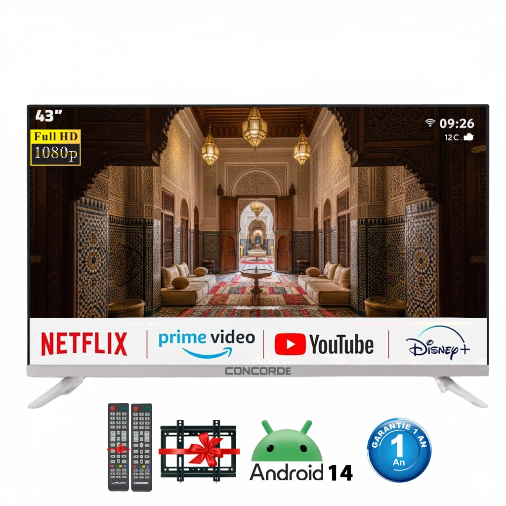 Concorde Smart TV 43" Full HD  Android 14 Récepteur Intégré + TNT HD ( Garantie 1 An )